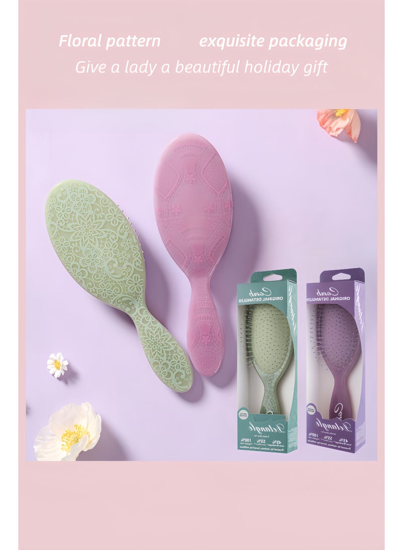 Green Floral Air Cushion Fine Tooth Hair Brush 21.5cm with Rattan Pattern • Elegant Gift for Women - Image 5